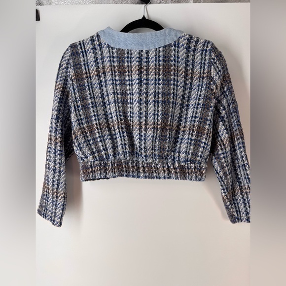 ZARA Tweed Textured Crop Long Sleeve Denim Blue Blazer - Picture 4 of 6